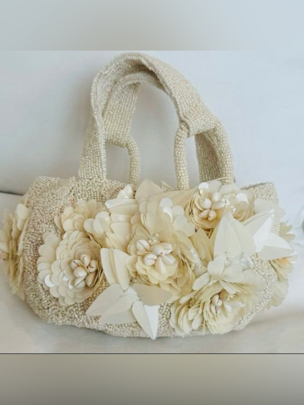 Cream Beaded Floral Handbag